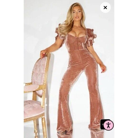 PLT NWT Chocolate Velvet Lace Up Back Frill Sleeve Flare Wide Leg Jumpsuit SMALL - Picture 1 of 12